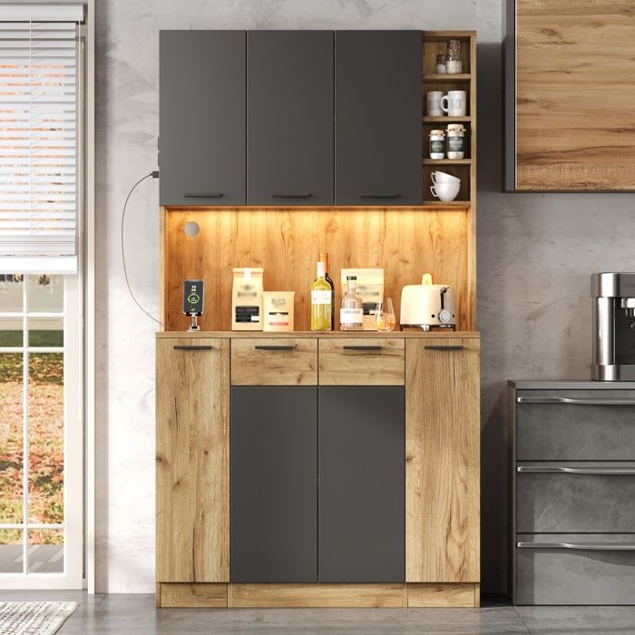 Buffet de Cuisine Haute - avec LED Prises Tiroirs Rangement Coulissant 4 Niveaux et Étagères Réglables - 100 x 40 x 180 cm