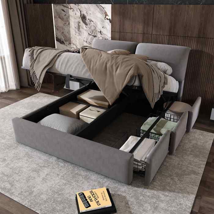 Lit coffre 140x190 velours gris avec ouverture hydraulique facile et trois tiroirs de rangement optimise lespace chambre