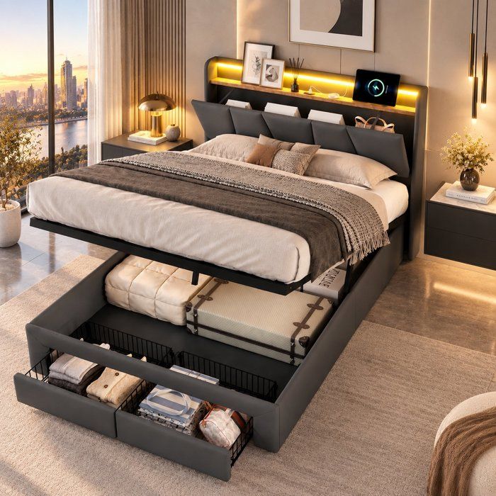 Lit 140x190 cm 2 Personnes Lit double avec 2 Tiroirs LED et Charge USB Lit coffre lit rembourrée Lin Gris Foncé