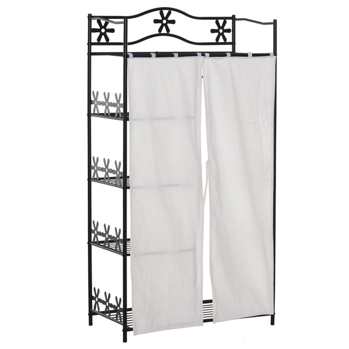 Armoire Chambre adulte Penderie Vêtement Dressing Multi Rangements 5 étagères 84L x 42l x 159H cm métal Noir 2 Rideaux Blanc