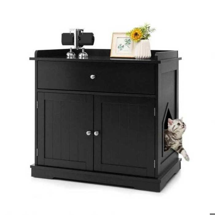 Pour garder la litière discrète meuble cache litière chat noir avec tiroir 2 portes et ventilation
