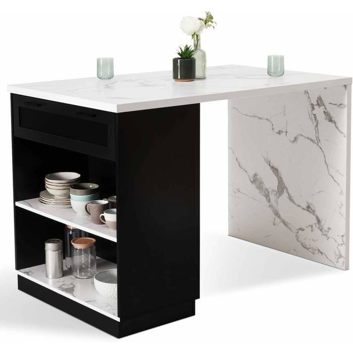IDMarket Îlot central Mange-debout VITO 130x80x90 5 cm Noir et Plateau effet marbre Alaska 1 tiroir et 2 étagères IDMarket Îlot central Mange-debout VITO 130x80x90 5 cm Noir et Plateau effet marbre Alaska 1 tiroir et 2 étagères