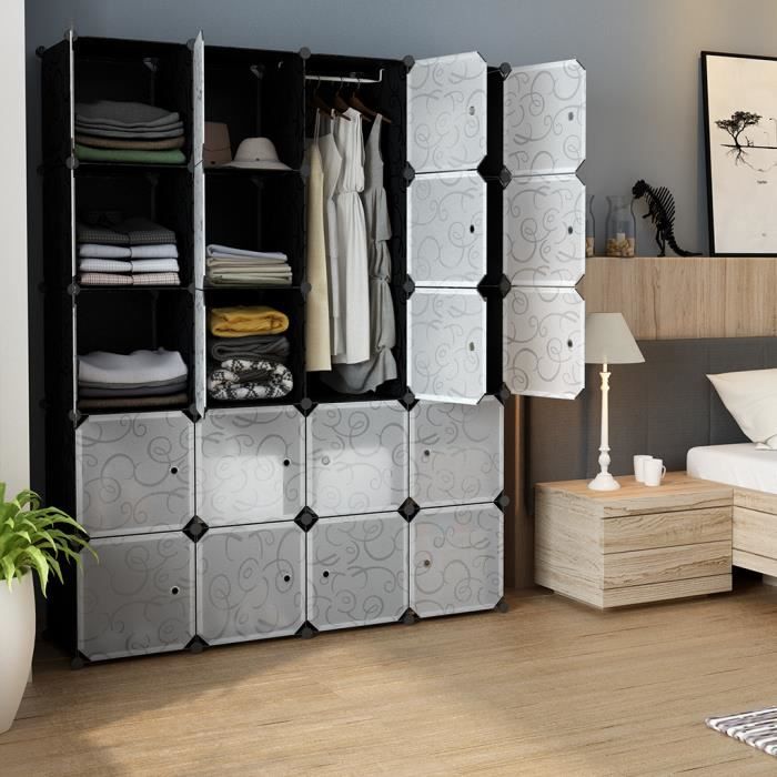 lnagria 20 cubes armoire de rangement  style contemporain garde-robe modulable combinaison de variété facile gaufrage noir et blanc