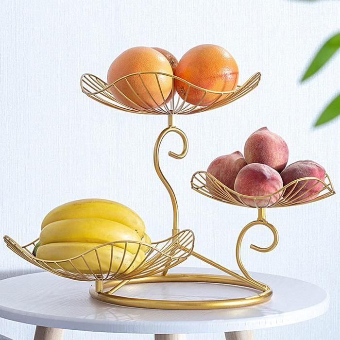 Corbeille à Fruits à 3 étages Deccaro - Métal Noir Avec Poignée Bois, 49x40x20 Cm, Rangement Déco