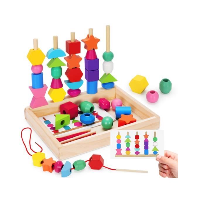 Jouets éveil Bois 2 en 1 Pédagogique Empilable Jouet y Enfiler Jouet Jeux Dactivité et de Développement Empiler et de Tri Educatif