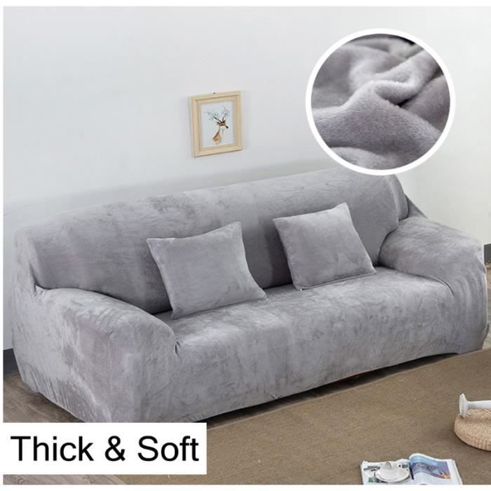 Housse de Canapé Velours 2Places 145-185cm Élastique Spandex Revêtement de Canapé Épais Gris