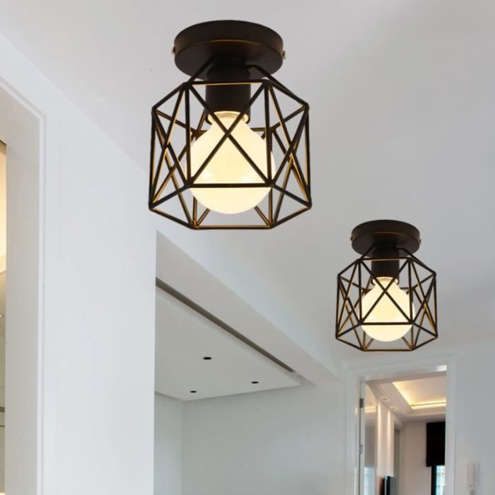 UNI 2Pièces Rétro Industrielle Plafonnier en Métal Noir Cage Carrée Fer Lustre Suspension Luminaire pour Couloir Entrée Allée