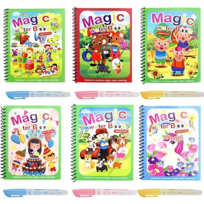 Lot De 6 Livres De Dessin Magique à L’eau – Réutilisables, Avec Stylo – éducatif Pour Enfants, Cadeau