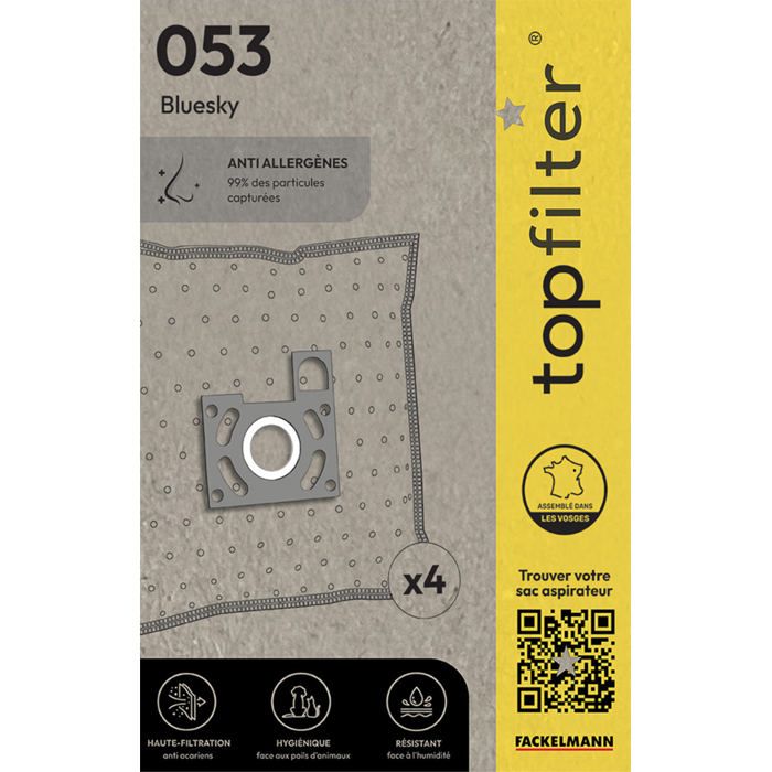 Sacs aspirateur - TopFilter - Bluesky - Lot de 4 - Très filtrants - Non tissé polypropylène - Top Filter