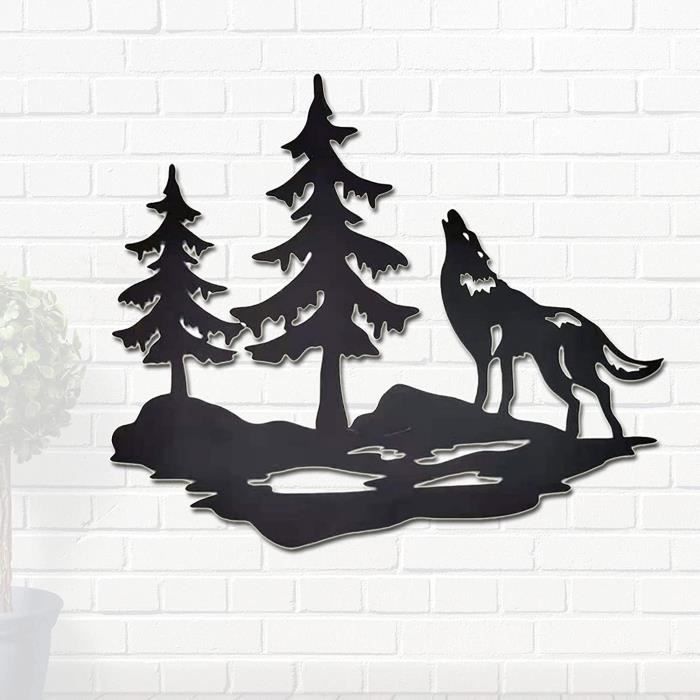 Art mural en métal rouillé forêt scène boisée cabane silhouette animale  faune