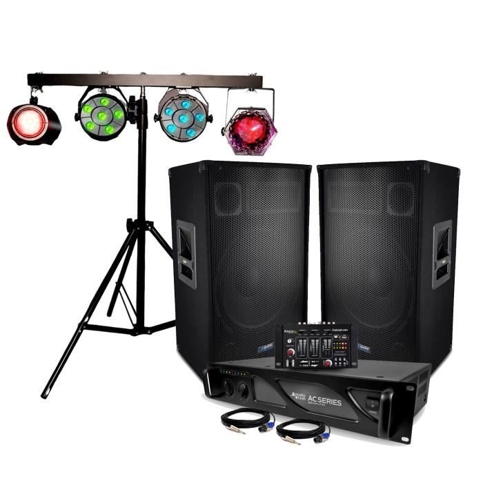 Pack Sonorisation AUDIO CLUB DJ1220 - Enceinte 12, 1200W, Amplificateur 2000W , Table de mixage IBIZA USB, Portique Lumières