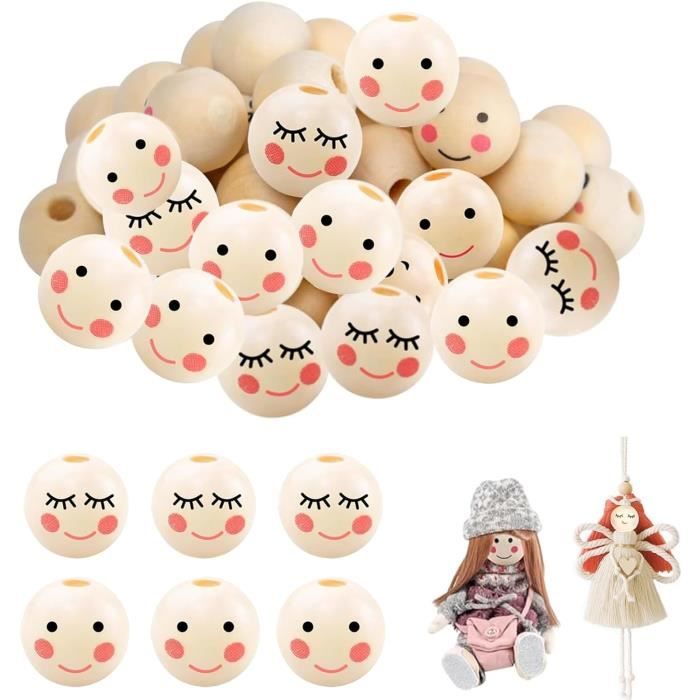 100 Perles En Bois Avec Visage Souriant - Diamètre 40 Mm - Pour Bricolage, Poupées, Vers Porte-bonheur - Trous Inclus