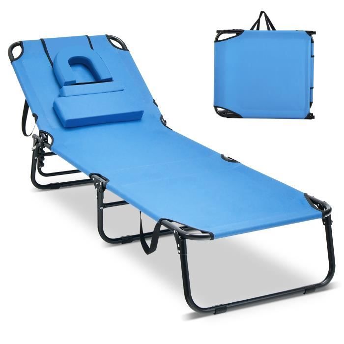 costway chaise longue pliante réglable à 5 positions avec appuie-tête et cavité faciale, pour terrasse, camping, 160 kg, bleu