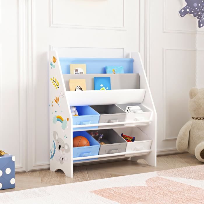 Étagère de rangement Ponteceso pour enfant avec 6 bacs ouverts blanc gris bleu