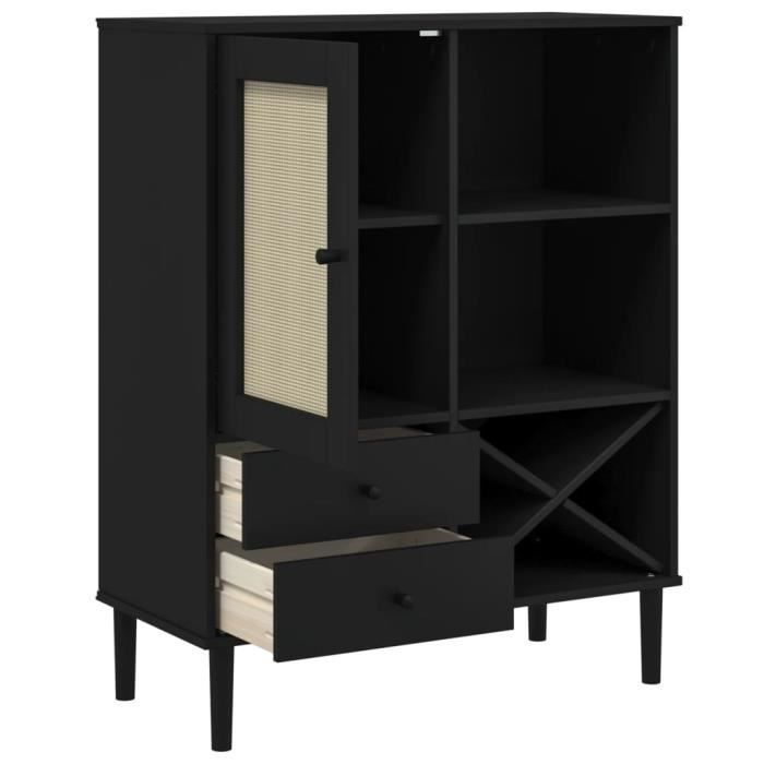 Buffet SENJA Aspect Rotin Noir – 90x40x112cm, Bois Massif De Pin