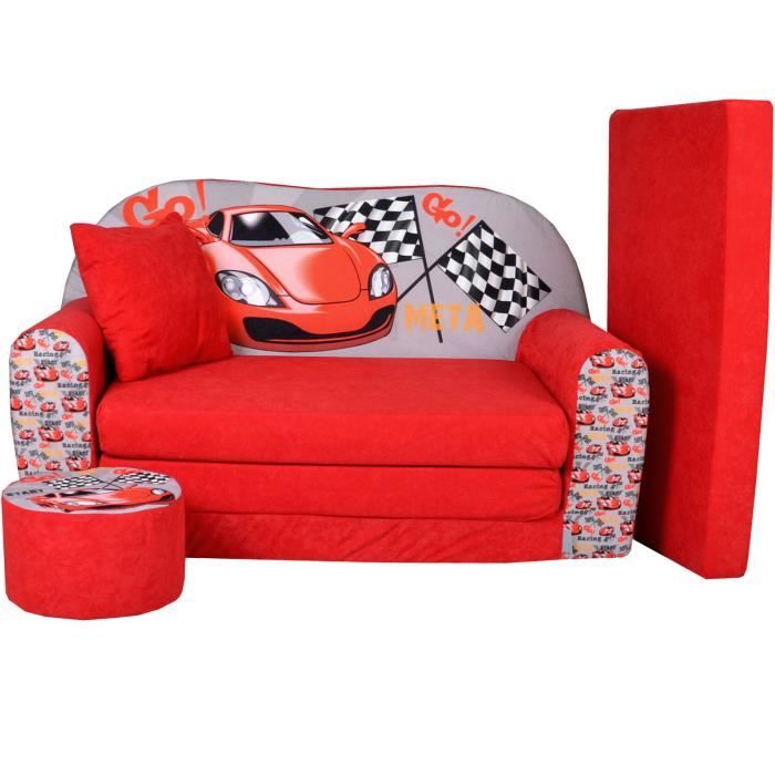 lit enfant fauteuils canapé sofa + pouf et coussin racing - fortisline - rouge - tissu - 100cm x 50cm