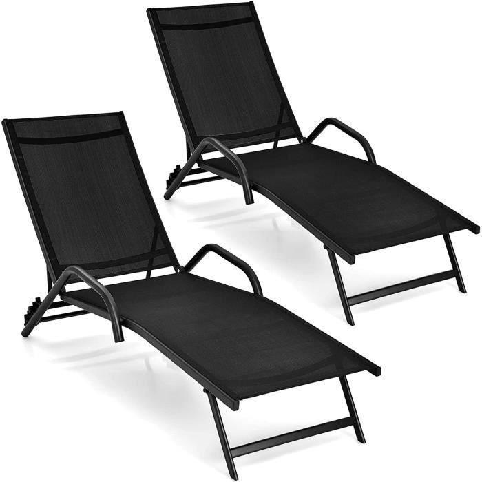 Chaise Longue - GOPLUS - Lot de 2 - Charge 160kg - Dossier Réglable - Bain de Soleil Pliable - Jardin