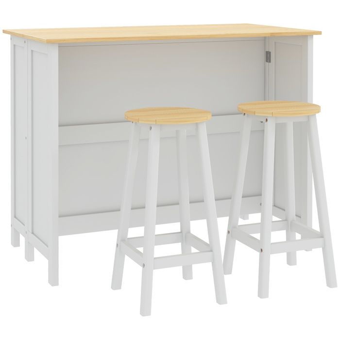 Desserte îlot de cuisine - HOMCOM - avec 2 tabourets table bar plan travail rabattable - bois - blanc