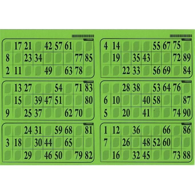 Planche de 6 grilles de loto 29x20cm carton epais Plaque 90 numeros Coloris vert menthe Set materiel jeu bingo et carte