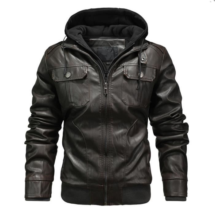 Veste Homme en Cuir à Capuche Multi-poches Fashion Casual Chaud Hiver