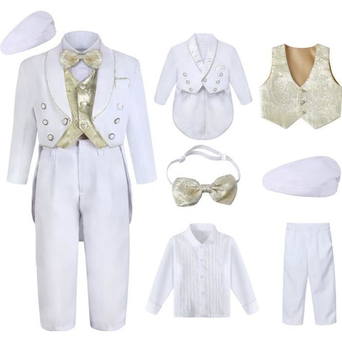 mintgreen ensemble 5 pieces bébé garçon baptême costume cadeau smoking blanc avec gilet + noeud papillon + jacquard + chapeau