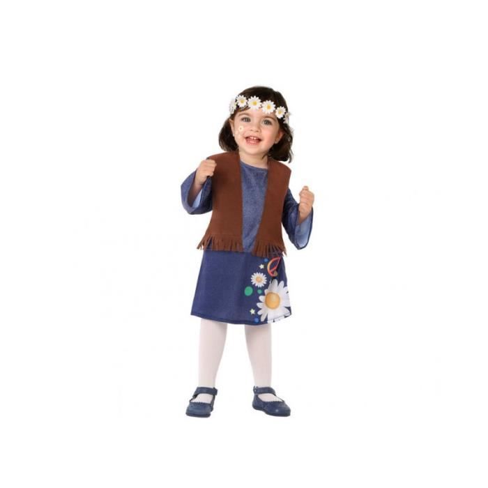 déguisement hippie pour bébé - ac-déco - bleu - robe à franges et jupe à fleurs - taille 6-12 mois