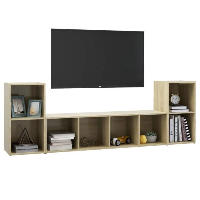 Meuble TV Bas 120x35x50 Cm En MDF Et Pin - 2 Compartiments Ouverts + 2 Portes - Gris Chêne