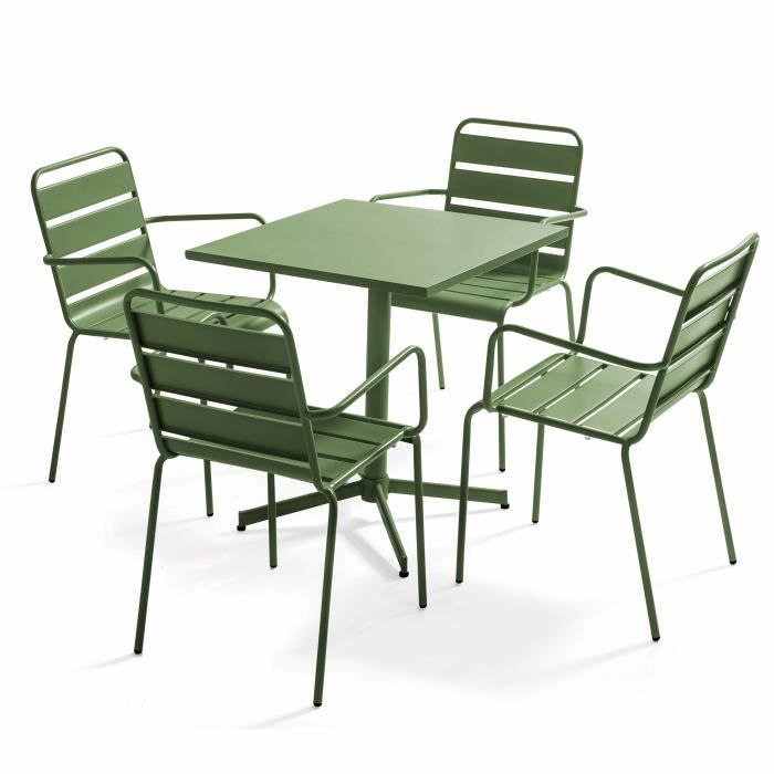 ensemble table carrée rabattable et 4 fauteuils en acier oviala - palavas - vert cactus