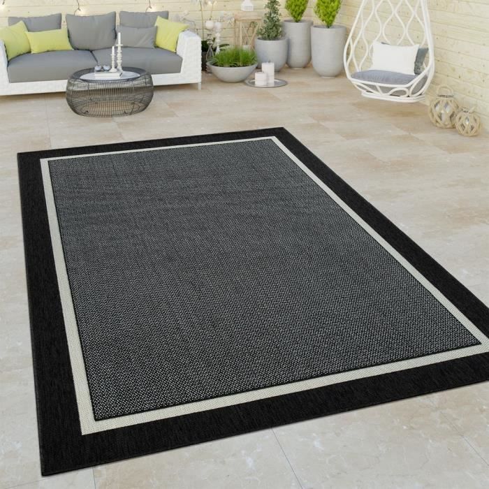 Tapis À Poils Ras Intérieur & Extérieur Aspect 3D Bordure Uni Look Naturel En Noir [80x150 cm]