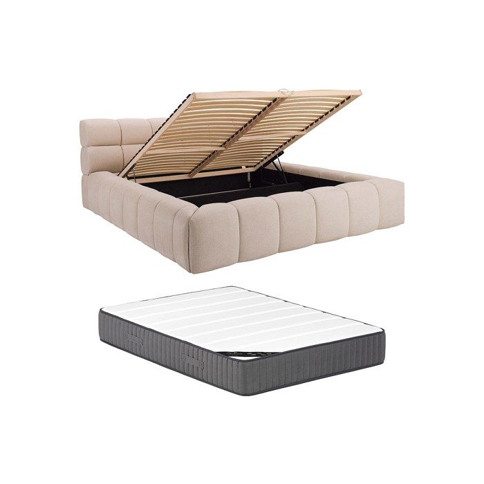 Lit coffre 180 x 200 cm - Tissu - Beige + Matelas - FORVIK II