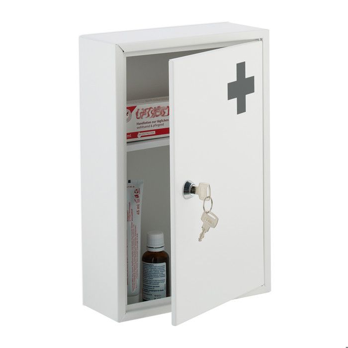 Relaxdays Armoire à pharmacie verrouillable 2 niveaux acier HxLxP: 32x21 5x8 cm pour médicaments accrocher blanc
