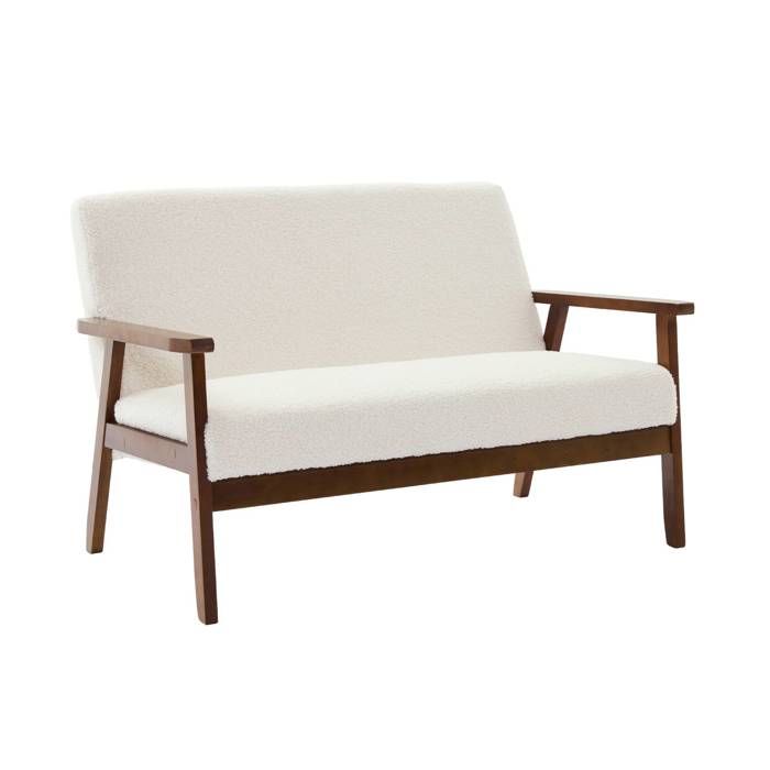 sweeek - Canapé banquette 2 places bois dhévéa teinté noyer clair et bouclette ISAK