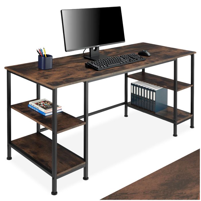 Bureau - TECTAKE - Bureau STOKE au style industriel en bois MDF et acier avec 4 étages 137 x 55 x 75 cm - Marron foncé