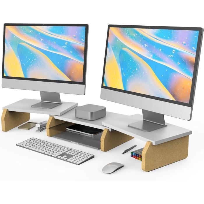 Rehausseur D'écran Bureau 3 Niveaux – Blanc – 49x20,4x10 Cm – Organisation Câbles – Ergonomique