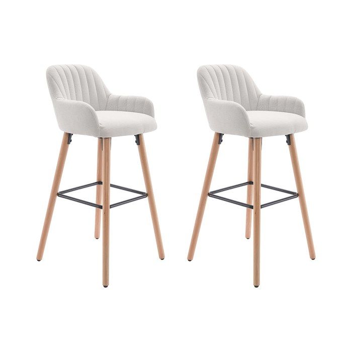 Lot de 2 tabourets de bar en tissu et pieds bois de hêtre - Crème - ELEANA Lot de 2 tabourets de bar en tissu et pieds bois de hêtre - Crème - ELEANA