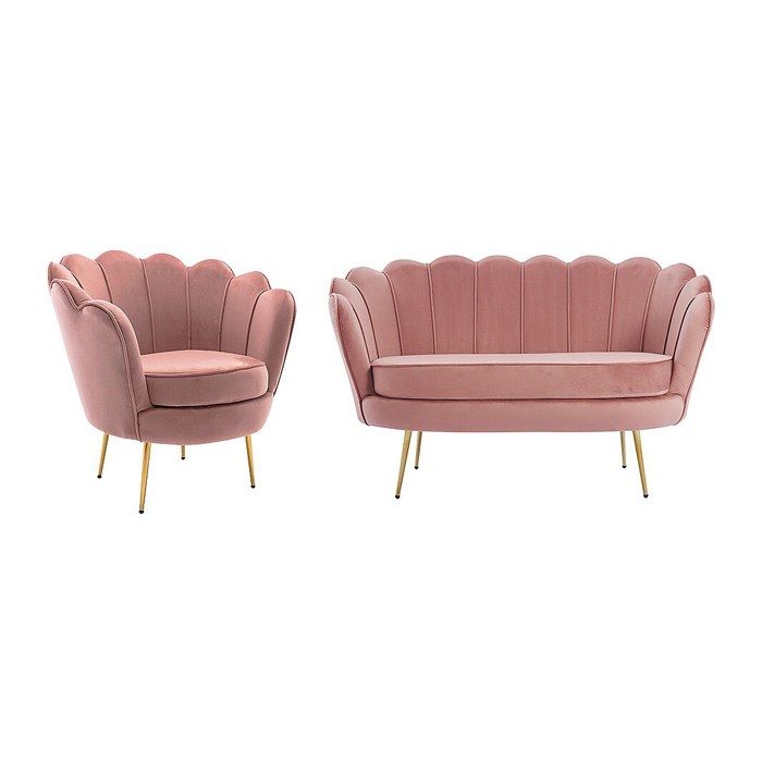 Canapé 2 places et fauteuil coquillage en velours rose DANDELION