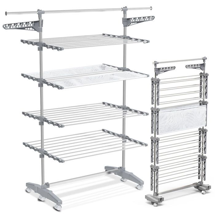 VOUNOT® Séchoir à linge pliable inox barre télescopique Étendoir 4 niveaux grande capacité avec roulettes et maille 28m d’étendage