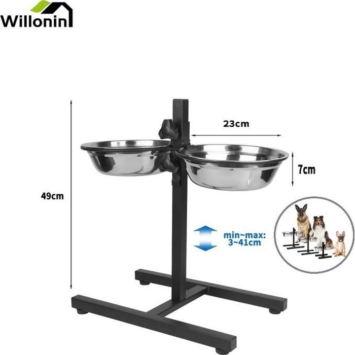 Meilleurs prix pour Willonin® Bar alimentation avec 2 écuelles pour chien, Hauteur ajustable 3-41cm, Gamelles 2x1800ml pour chat ZCY
