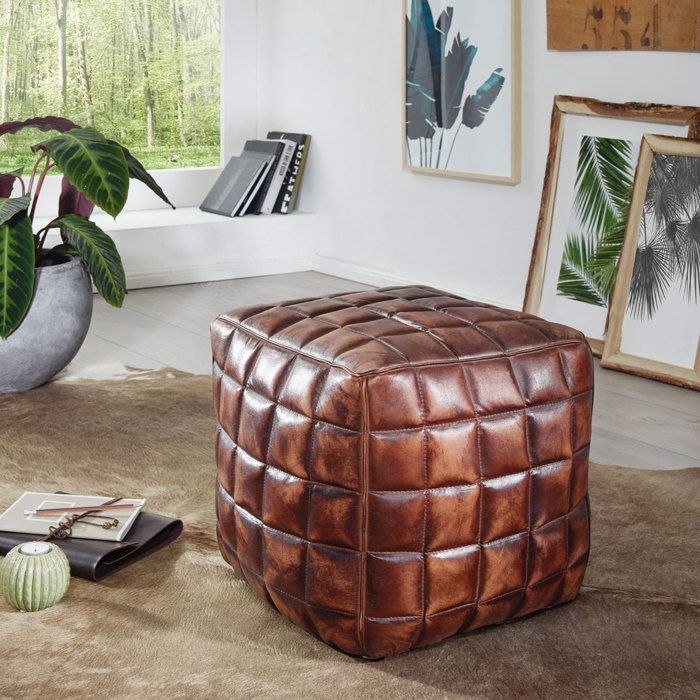 WOHNLING Cube STANLEY Tabouret en cuir Tabouret Tabouret Marron Tabouret rembourré