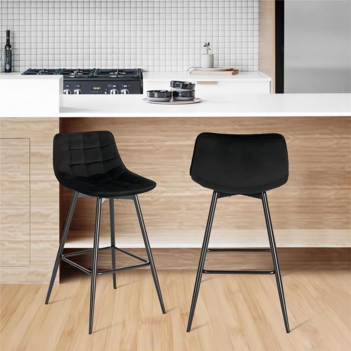 WOLTU Lot de 2 Tabourets de bar en velours Chaises de bar avec repose-pieds Pieds en métal Noir W0ATT0013-2