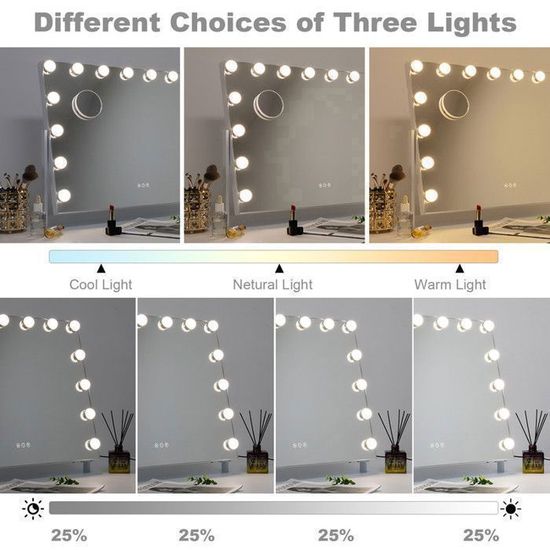 FENCHLN Hollywood 15 LED mror de maqullage lumneux-3 types de lumère réglable - charge FENCHLN Hollywood 15 LED mror de maqullage lumneux-3 types de lumère réglable - charge