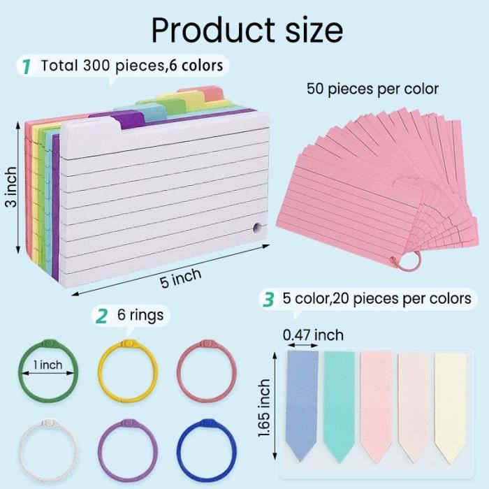 300 Fiches Bristol Lignées - Cartes De Révision Couleurs Avec Anneaux Et Stickers - Pour Études, Examens, Organisation