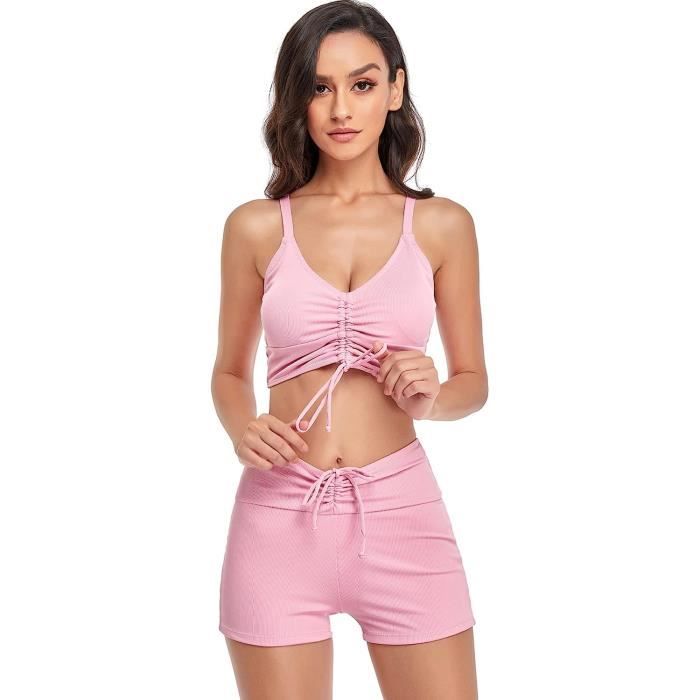 SMihono Bikinis Pour Femmes Été Deux Pièces Maillot De Bain Sexy Uni Rehausseur Taille Haute Lacé Bikini Ensemble Deux Pièces