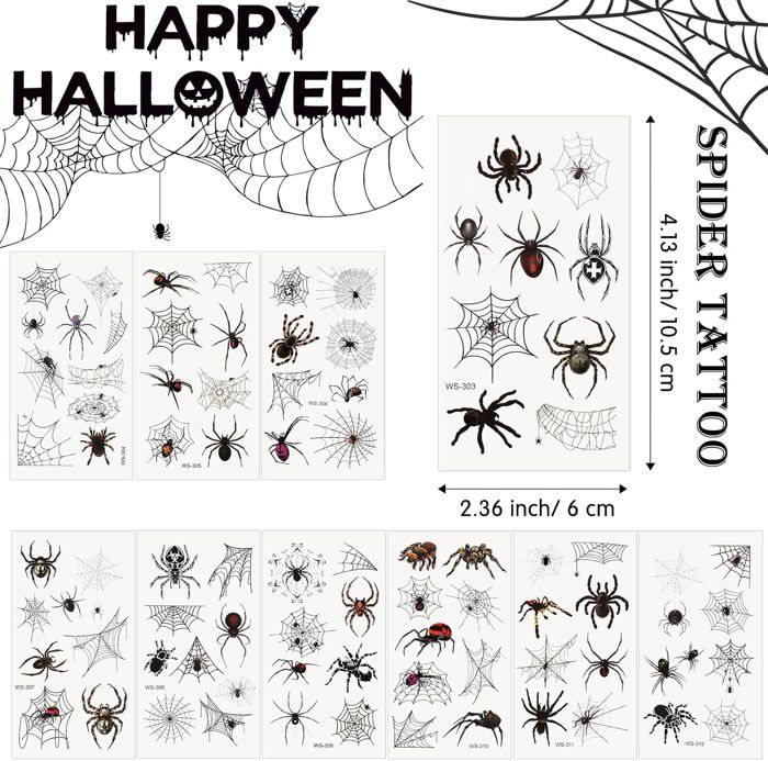 HOWAF 4 Feuilles Araignée Tatouage Halloween pour Visage, Tatouage Temporaire Carnaval Autocollant Visage pour Costume Araignée, Deguisement Halloween Costume