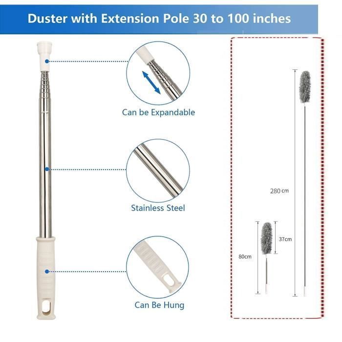 Plumeau Télescopique Microfibre - Manche Long Rétractable Pour Nettoyer Sous Les Meubles, Frigo, Lits (tête Plate Lavable)
