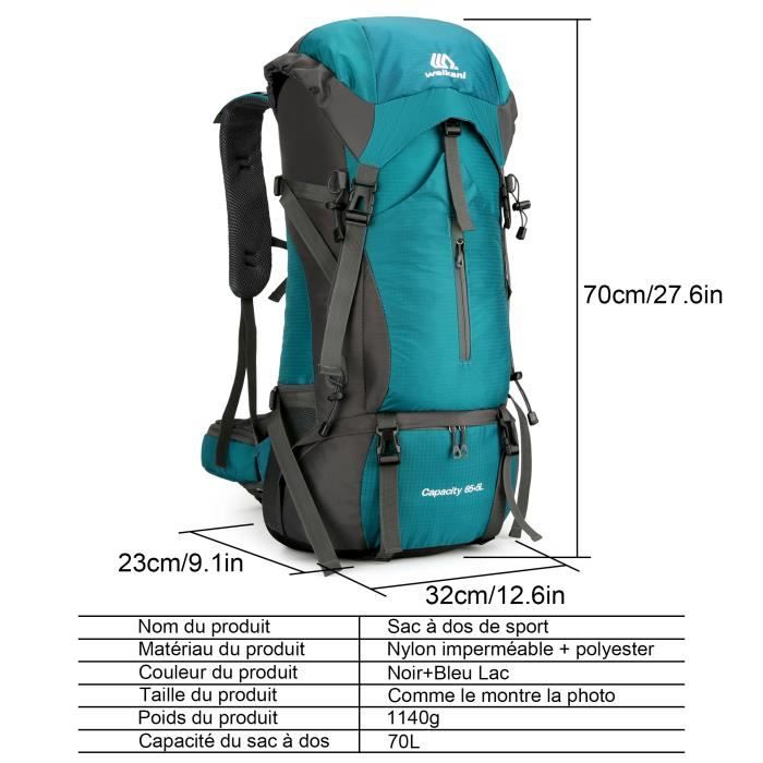 Sac à dos d'alpinisme, grande capacité 70L, étanche, pour sports