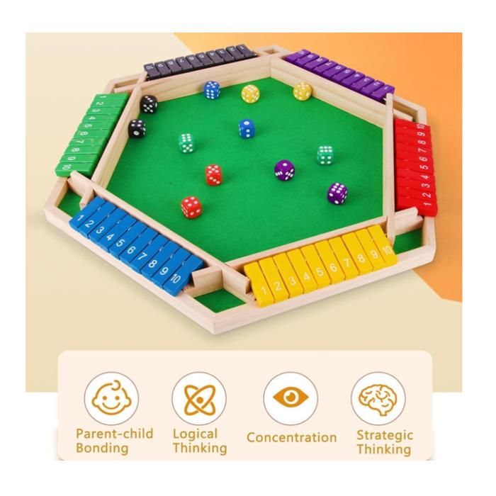 Shut The Box – Jeu De Dés En Bois, Plateau 6 Joueurs, Feutre Vert – Stratégie Et Calcul – Cadeau Voyage