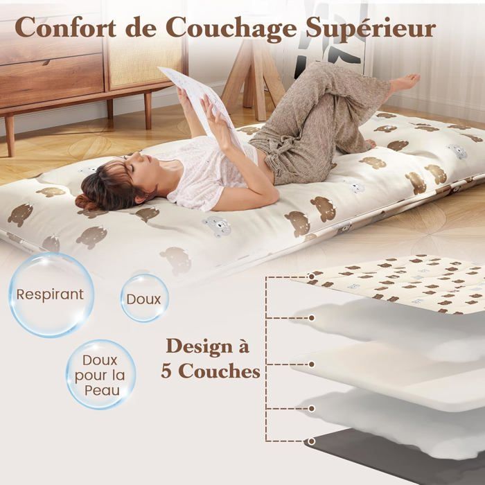 Matelas Futon Japonais 5 Cm – Pliable, Mousse Mémoire, Housse Polyester, Pour Camping, Invités, Sol – Simple