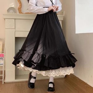 JUPE WTEMPO-Style japonais style dentelle dentelle double jupe,haute taille pour les filles loose noir blanc qualité - Black[E8445]