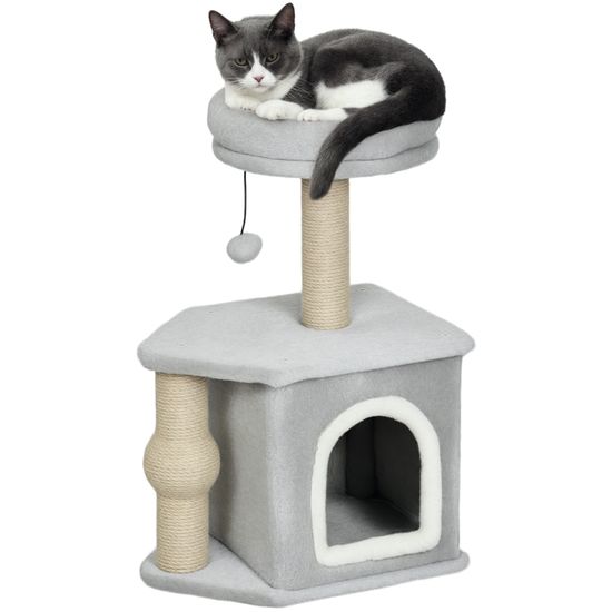 Arbre à Chat PawHut 177 Cm - 3 Plateformes, 2 Niches, 2 Lits, 2 Hamacs - Griffoirs Sisal - Stable Et Sécurisé - Gris Clair
